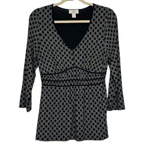 Women's Ann Taylor LOFT 3/4 Sleeve Gray/Blue Polka Dot Ruched Blouse Size Large
